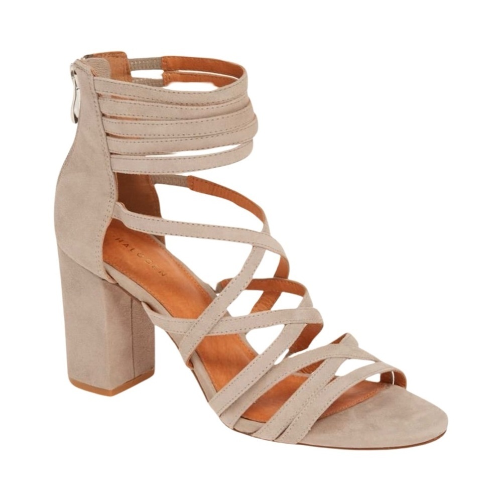 HALOGEN Block Heel Suede Zip Up Strappy Sandals Blush Tan Beige Summer Party - Picture 1 of 15